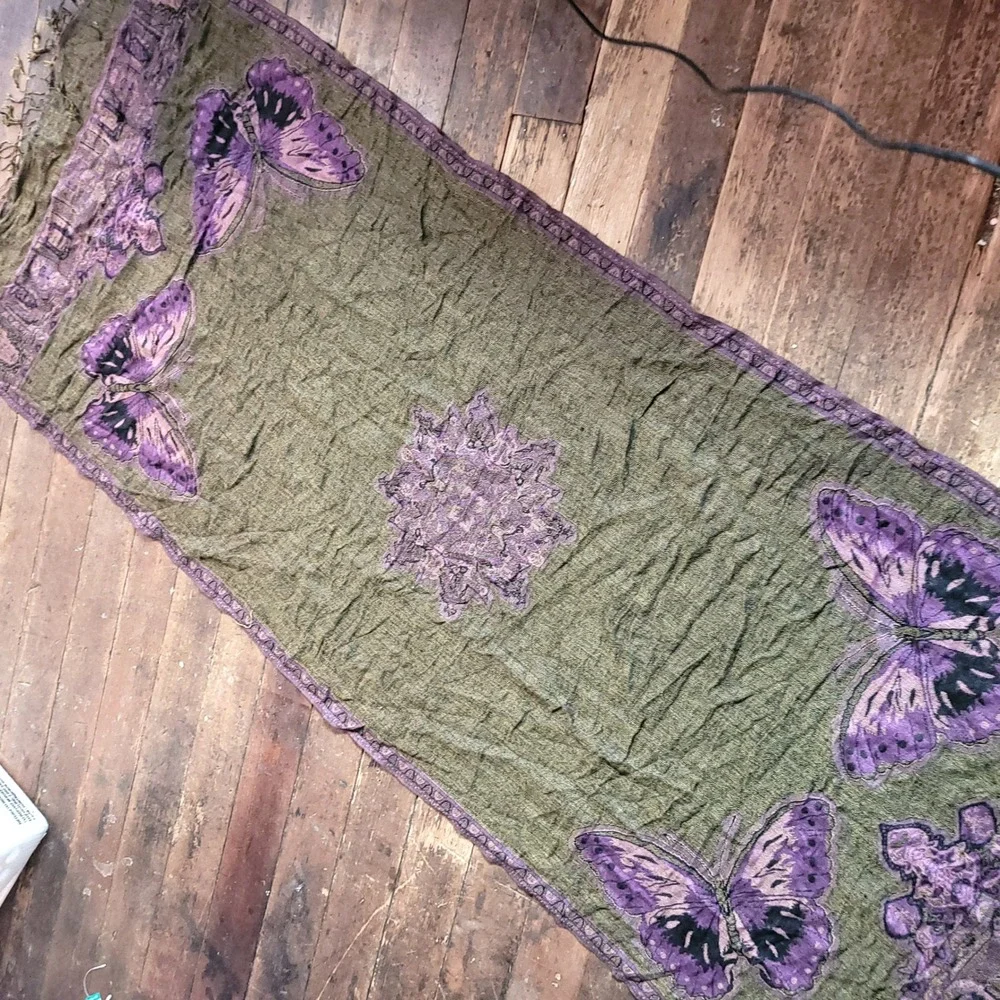 Bohemian Scarf Bundle Rust Orange Pleated Woven & Purple Butterfly Wrap Lot‎ 2pc